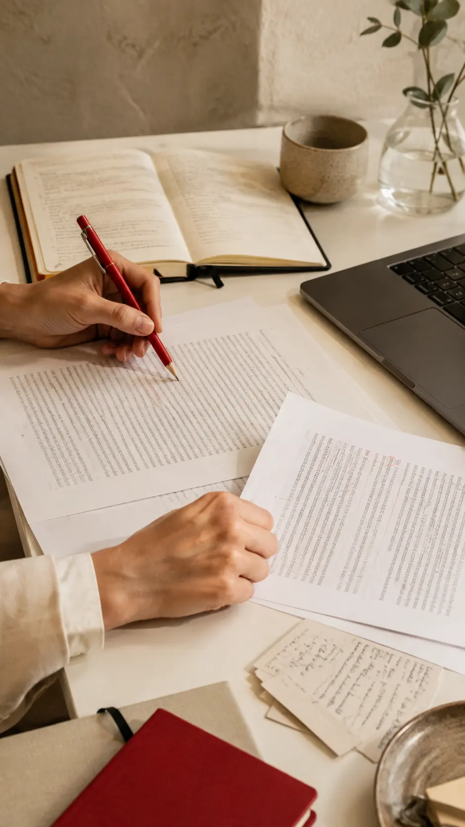 Mesa de trabajo con textos revisados, cuaderno, portátil y corrección en rojo para ilustrar el método de la traducción profesional